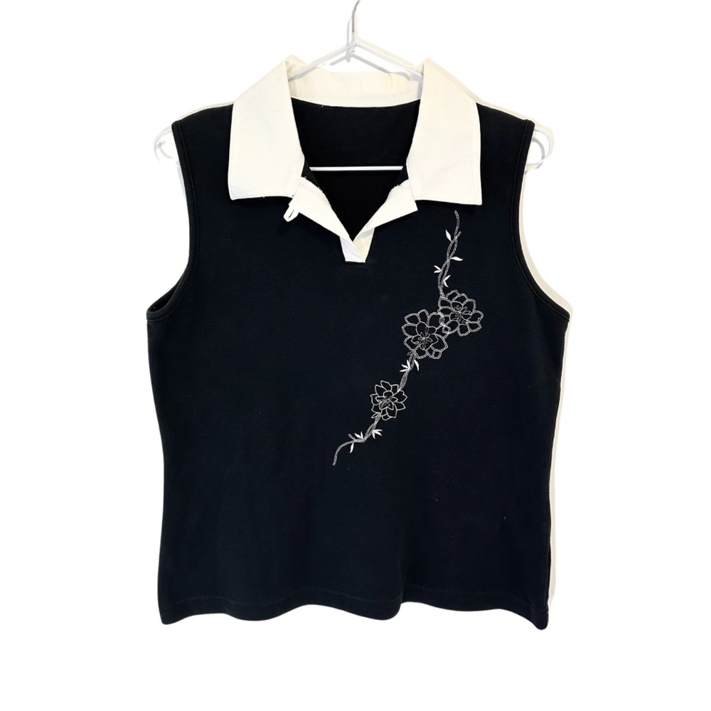 Embroidered Black and White Flower Vine Collared Sporty Polo Tank